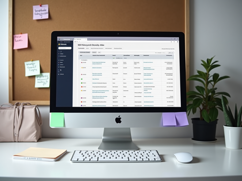 Компьютер Apple на столе с открытым документом SEO в офисной обстановке.