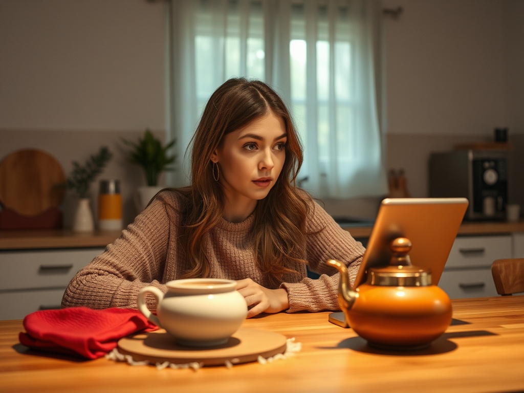 Молодая женщина сидит за столом с планшетом, чашкой и чайником, задумчиво смотрит на экран.
