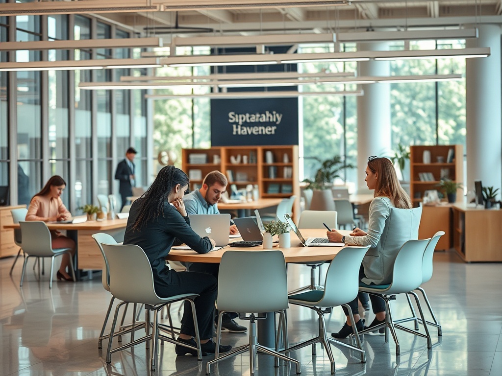 Современный офис с работниками за столами, занимающимися проектами и обсуждениями. Просторная, светлая атмосфера.