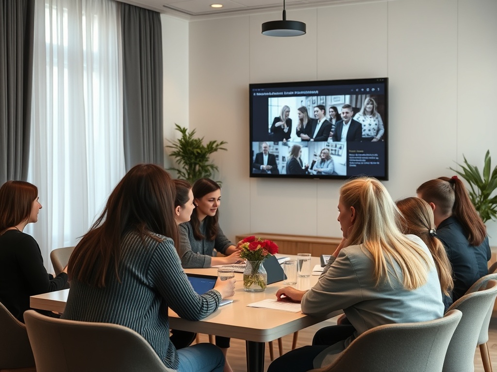 Крупный план совещания с женщинами, обсуждающими вопросы на фоне экрана с презентацией.