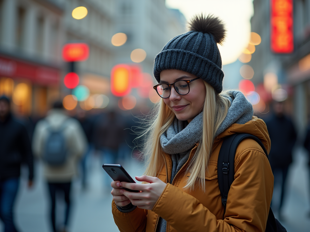 Девушка в шапке и очках смотрит в смартфон на улице города.