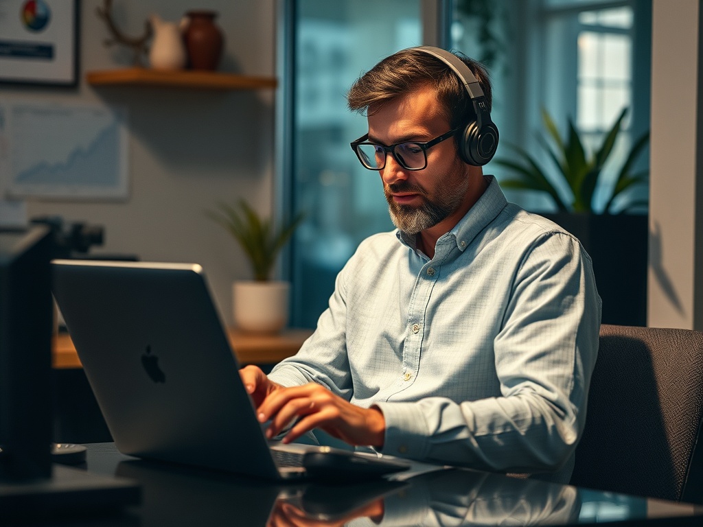 Мужчина в наушниках работает за ноутбуком в современном офисе с растениями на фоне.