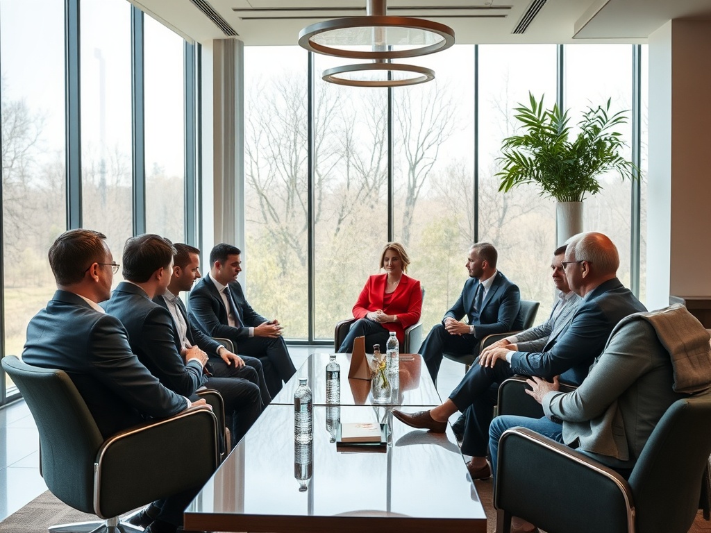 Группа людей в деловых костюмах обсуждает идеи за круглым столом в светлом офисе с большими окнами.