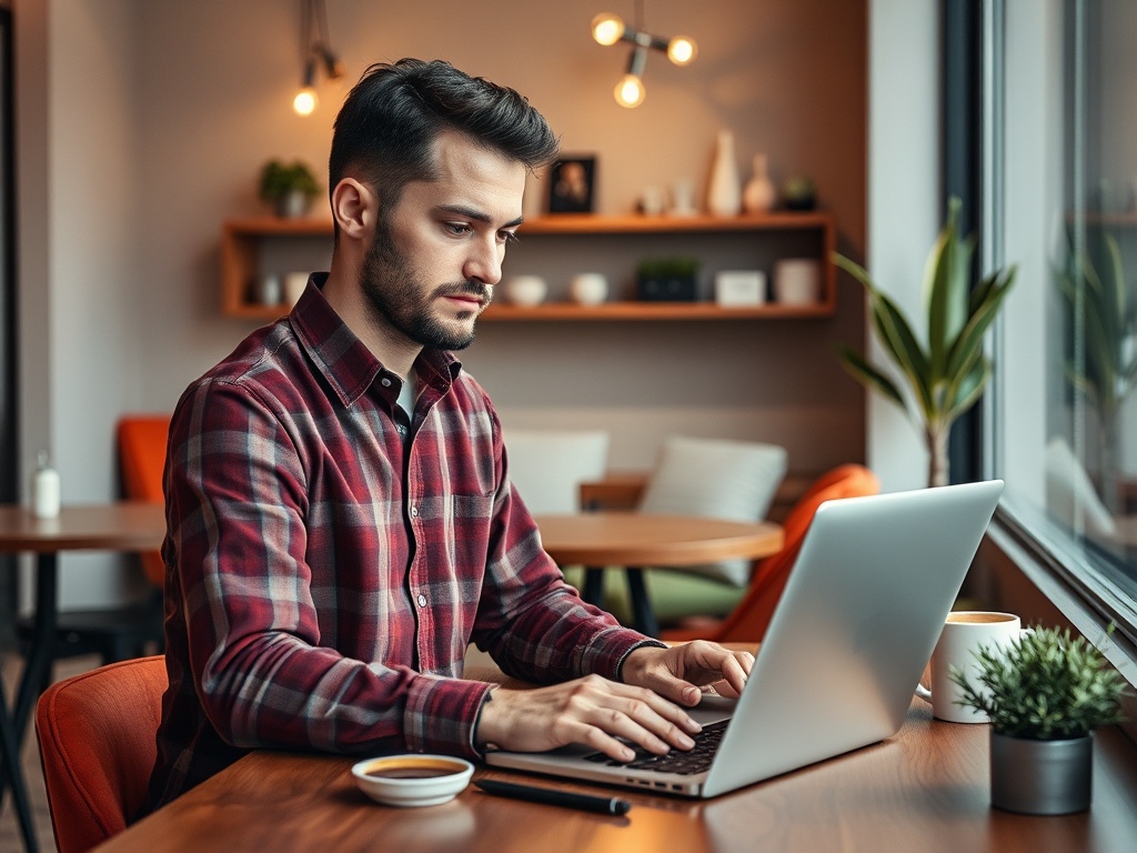 Молодой человек работает за ноутбуком в кафе, рядом чашка кофе и растение на столе.