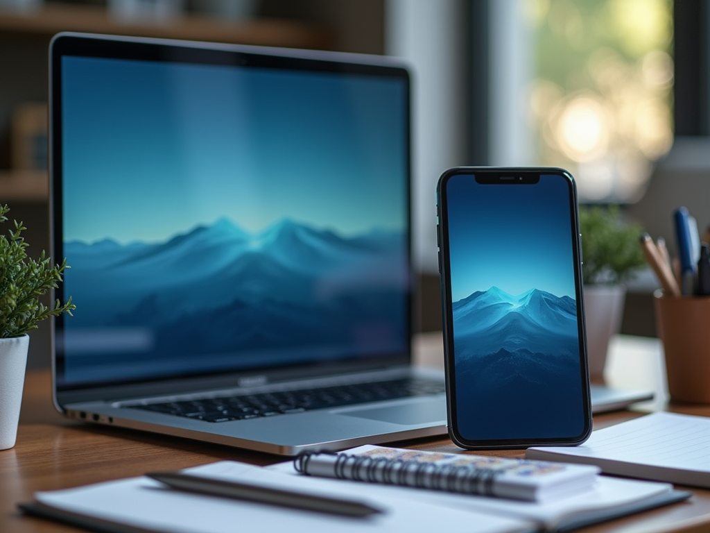 На столе стоят ноутбук и телефон с изображением гор на экране, рядом растения и блокнот.