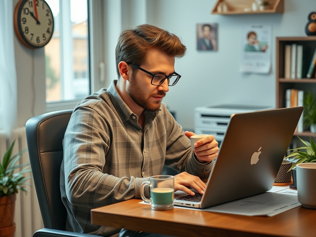 Молодой человек за столом работает за ноутбуком, держа в руке чашку кофе. Окно с хорошим освещением.