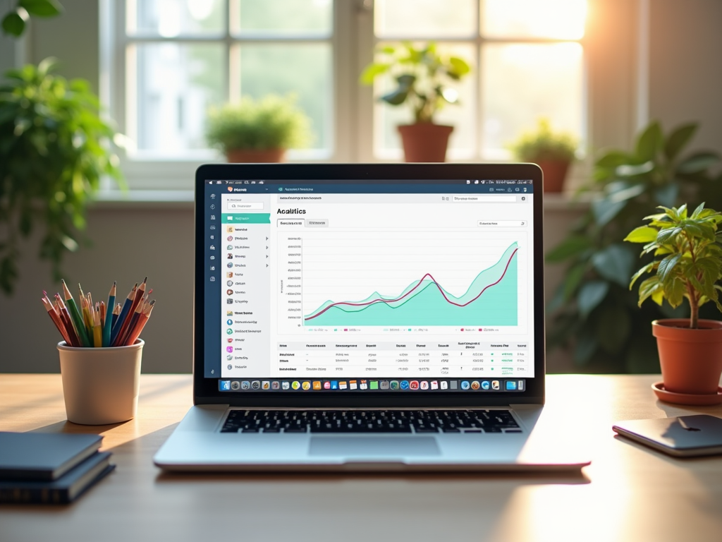 Ноутбук на столе с открытой страницей аналитики, окружен растениями в светлом офисе.