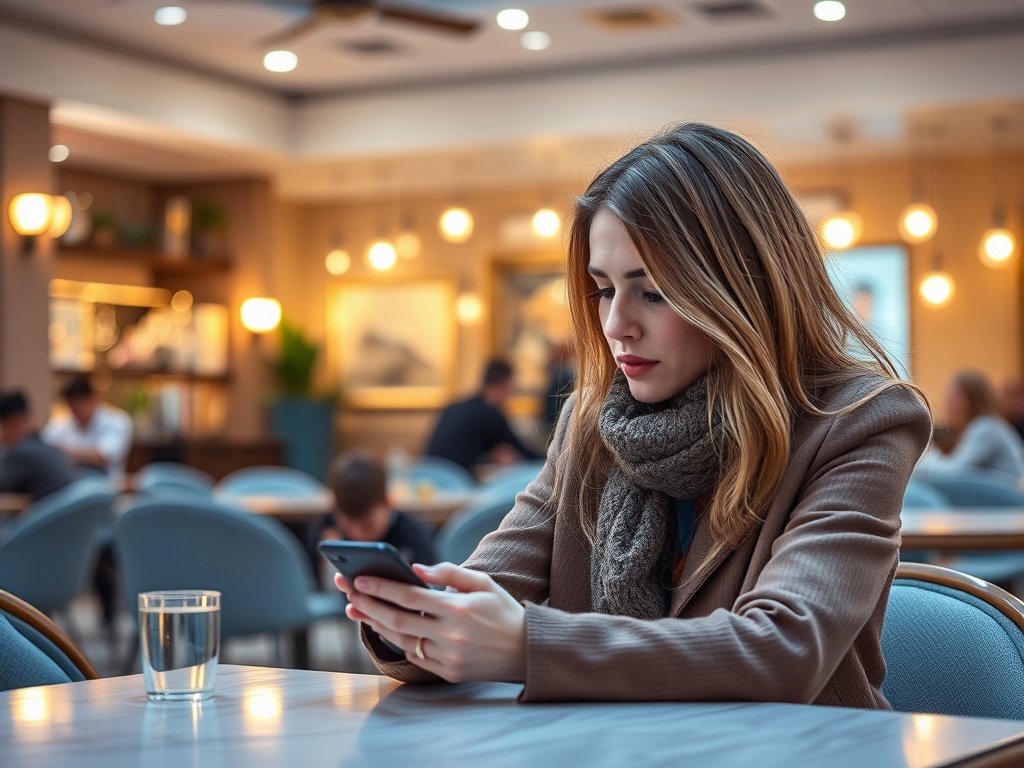 Женщина в кафе сидит за столом с телефоном в руках, одета в теплый шарф и куртку. Вокруг нее люди.
