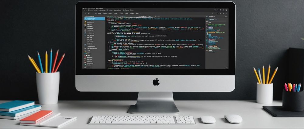 Рабочий стол с монитором Apple, отображающим код, клавиатурой и чашкой с карандашами.